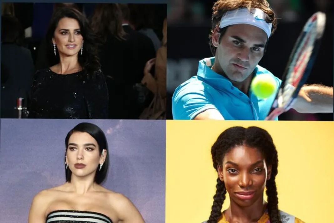 Collage of Penelope Cruz, Roger Federer, Dua Lipa, and Michaela Coel