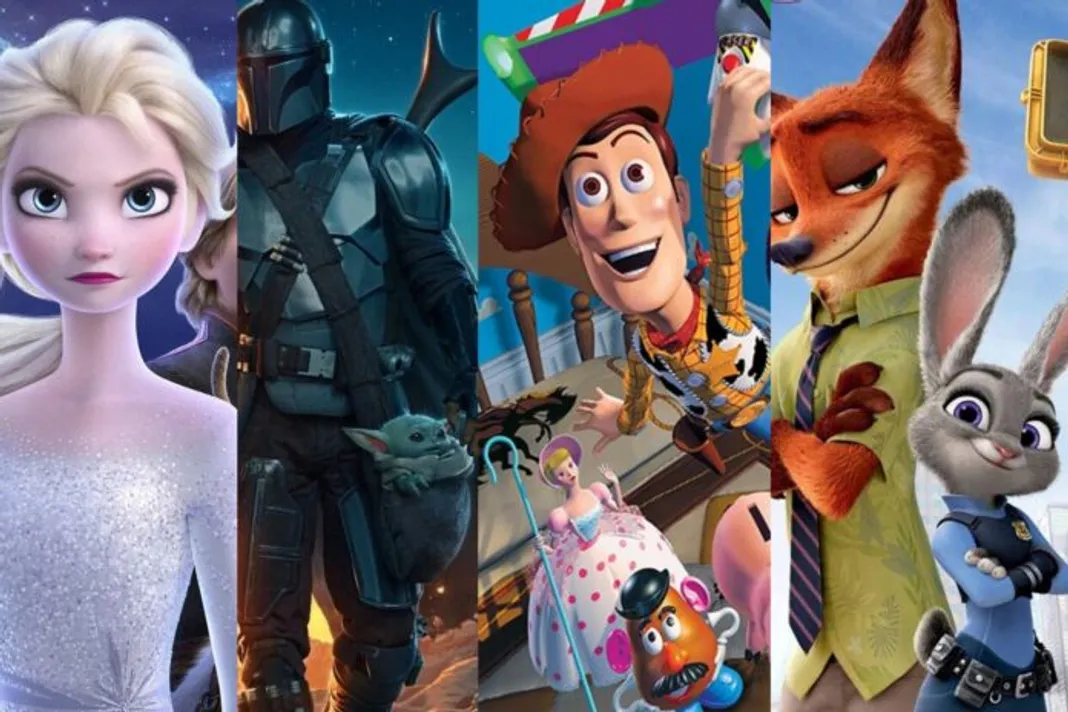Posters for Frozen, The Mandalorian, Toy Story, and Zootopia. CREDIT: DISNEY