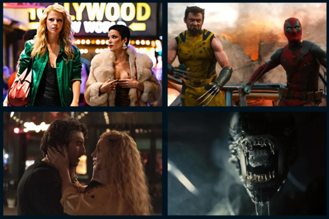 MaXXXine - Credit A24, Wolverine & Deadpool - Credit: Marvel Studios, It Ends with Us - Credit: Columbia Pictures, Alien Romulus - Credit: Scott Free & Brandywine Productions