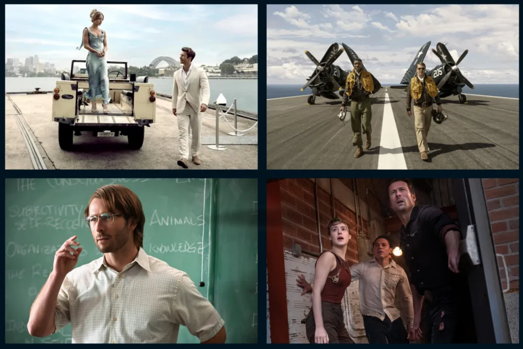 Glen Powell in Anyone But You Colombia Pictures), Devotion (Colombia Pictures), Hitman (Netflix), and Twisters (Universal Pictures/ Warner Bros.)