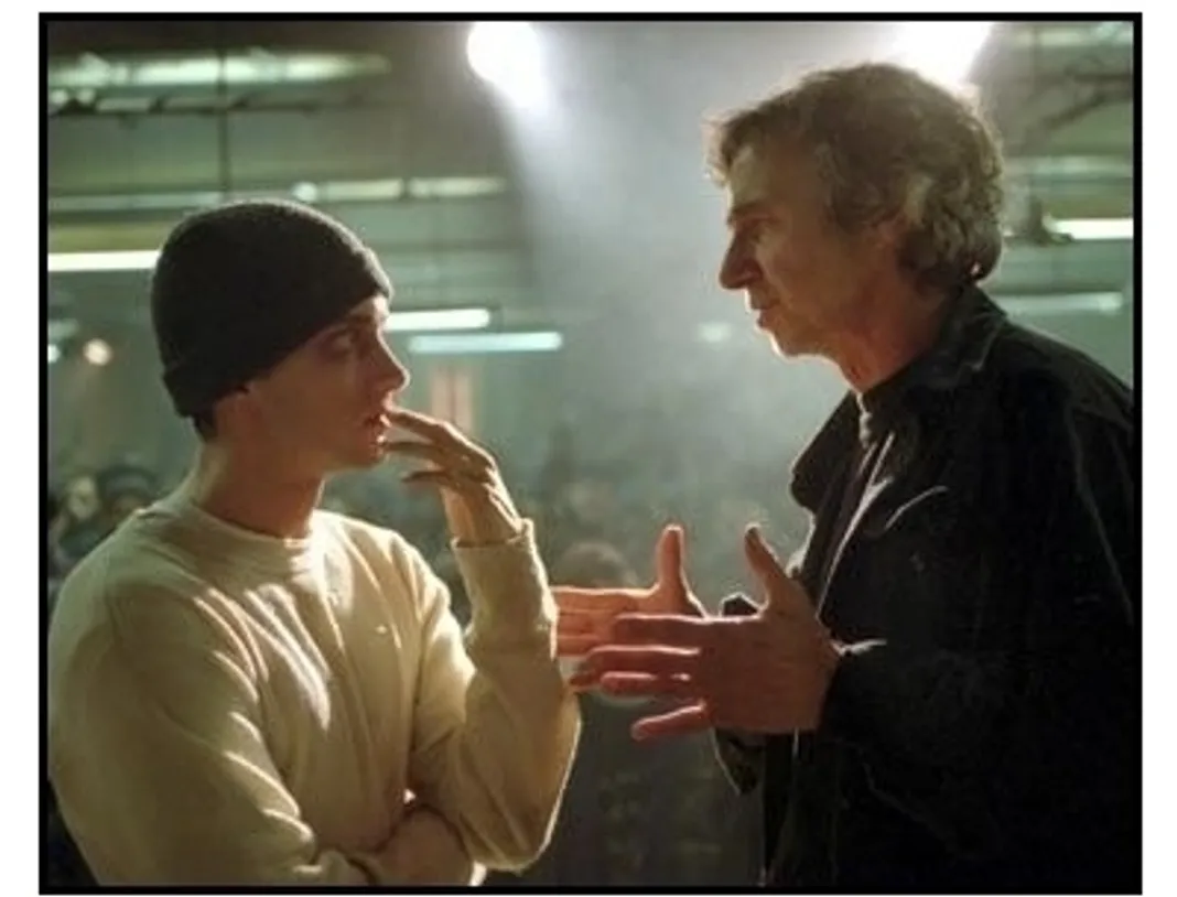 8 Mile movie still: Eminem and director Curtis Hanson on the set of 8 Mile