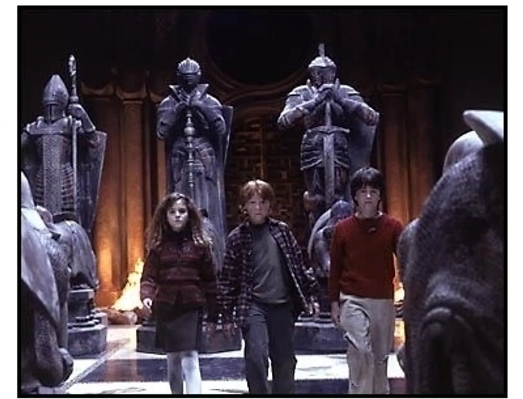 Harry Potter movie still: Hermione Granger, Rupert Grint and Daniel Radcliffe