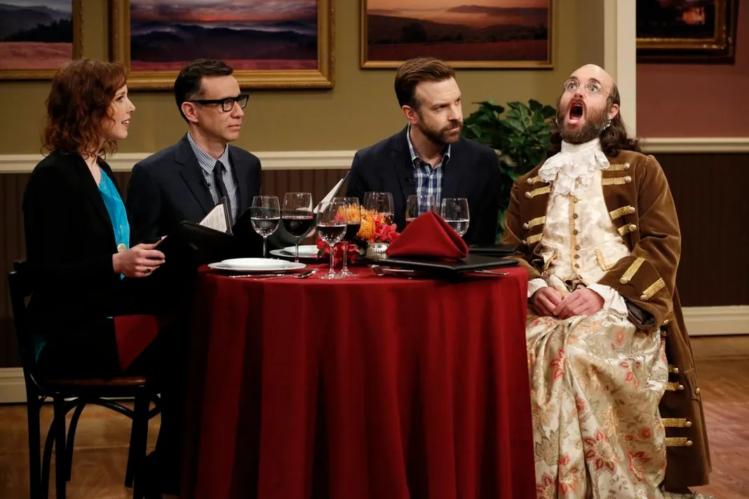 Jennamin Franklin, Will Forte and Jason Sudeikis on Late Night with Seth Meyers