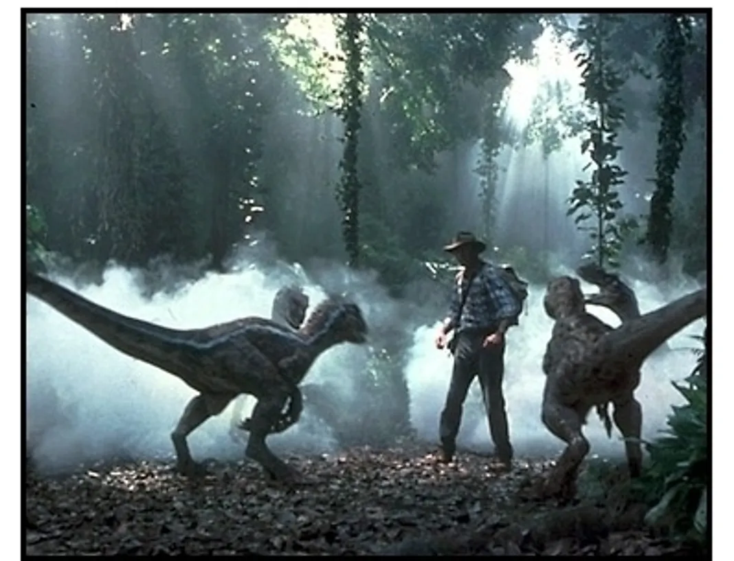 Jurassic Park III Movie Still: Sam Neill and raptors