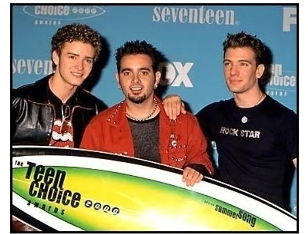 'N Sync members Justin Timberlake, Chris Kirkpatrick and JC Chasez backstage at the 2000 Teen Choice Awards