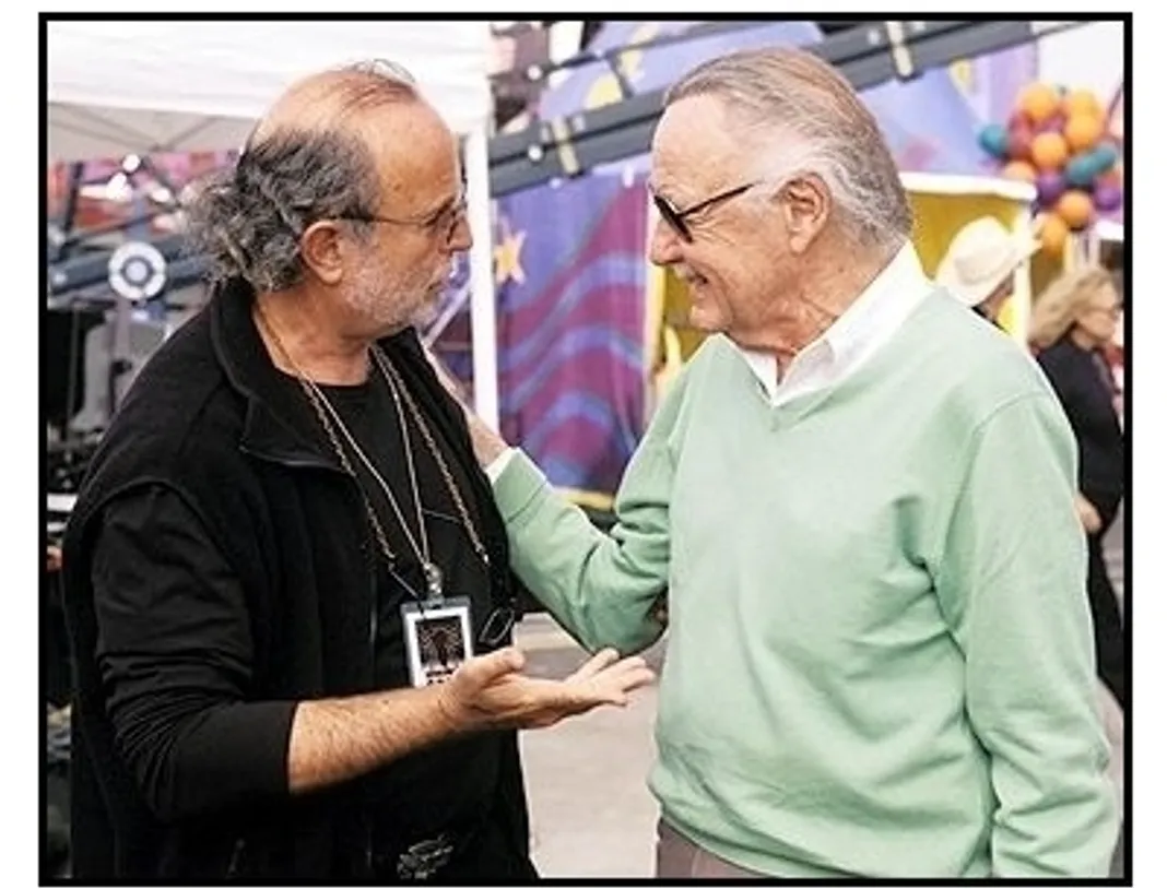 Spider-Man movie still: Executive Producer Avi Arad and Spider-Man creator Stan Lee on the set of Spider-Man