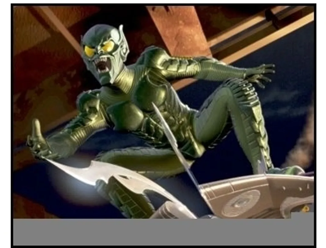 Spider-Man movie still: The Green Goblin (portrayed by Willem Dafoe) in Spider-Man