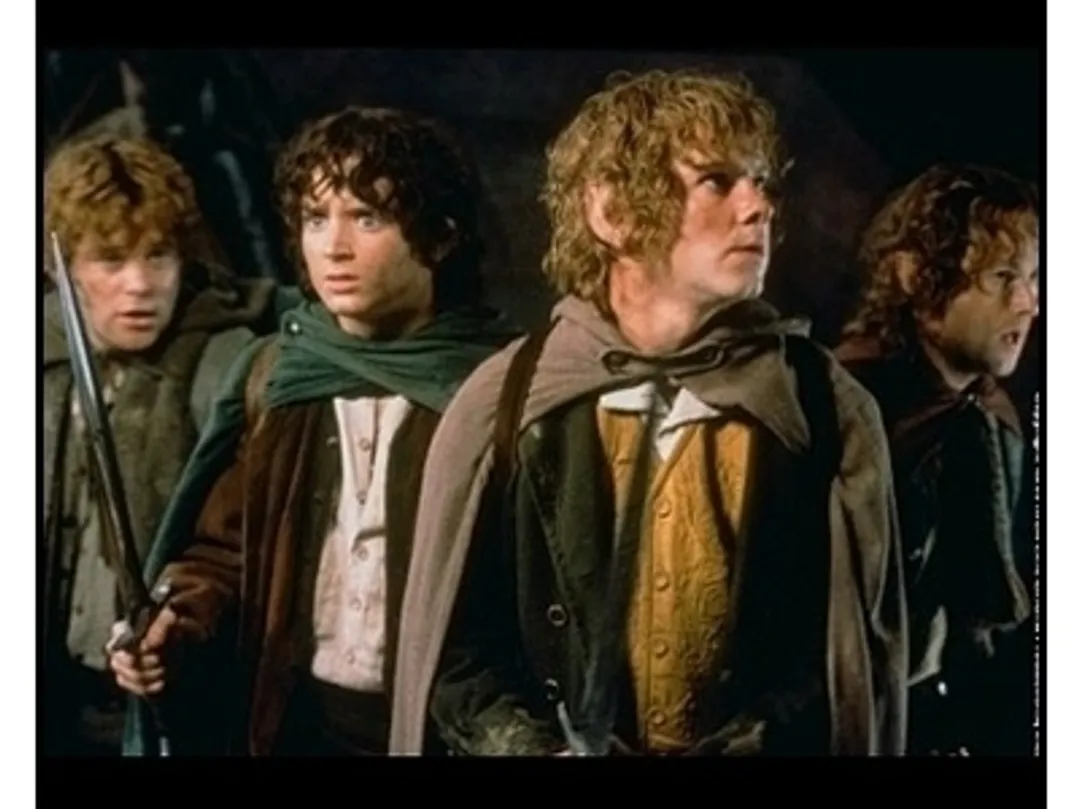 The Lord of the Rings: The Fellowship of the Ring movie still: Billy Boyd, Elijah Wood, Sean Astin, and Dominic Monaghan 