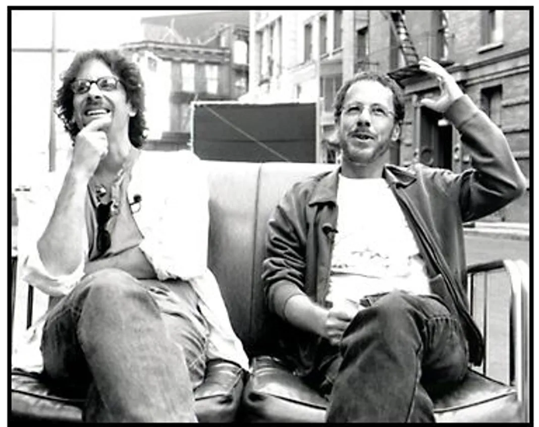 The Man Who Wasn't There movie still: Director and Co-Screenwriter Joel Coen with Producer and Co-Screenwriter Ethan Coen on set